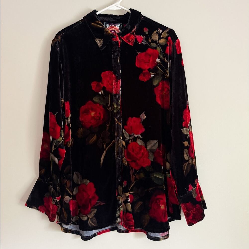 Johnny Was Velvet Floral Shirt Boho Whimsigoth Fairy Grunge Tunic Bohemian M